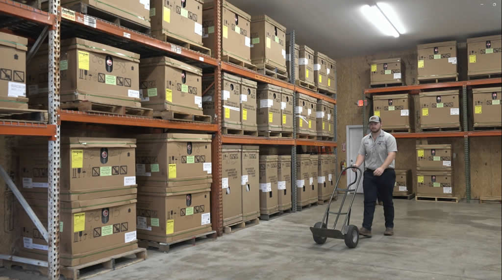 Warehouse worker moving boxes with a hand truck.